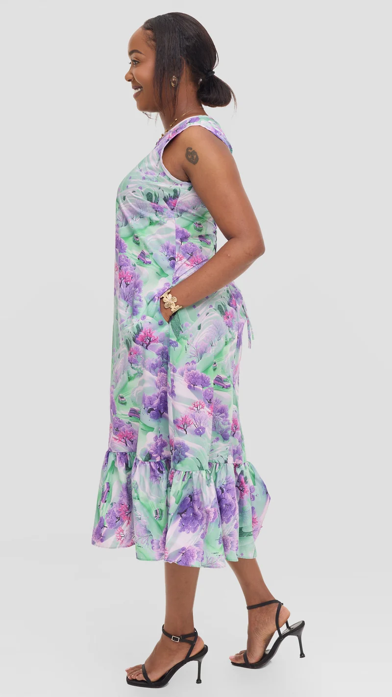 Vivo Dalia Sleeveless Tie Midi Dress in Print Cotton - Purple Multicolor Print