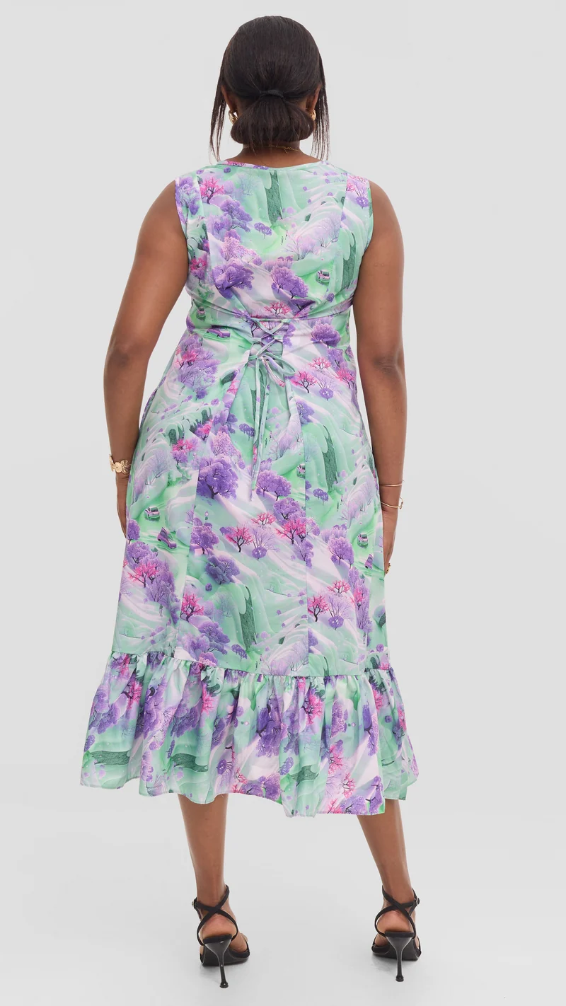 Vivo Dalia Sleeveless Tie Midi Dress in Print Cotton - Purple Multicolor Print