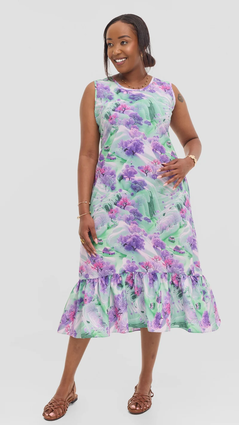 Vivo Dalia Sleeveless Tie Midi Dress in Print Cotton - Purple Multicolor Print