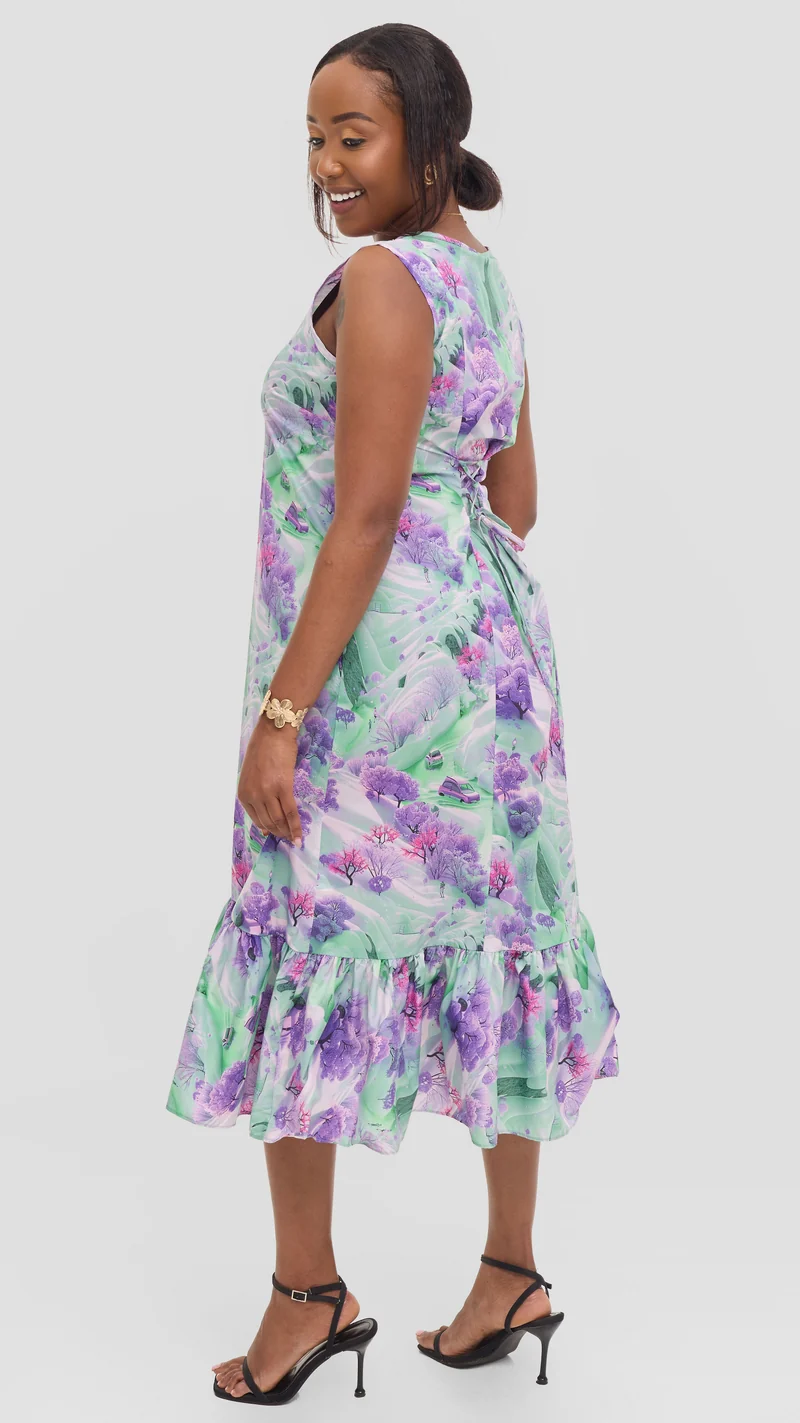 Vivo Dalia Sleeveless Tie Midi Dress in Print Cotton - Purple Multicolor Print