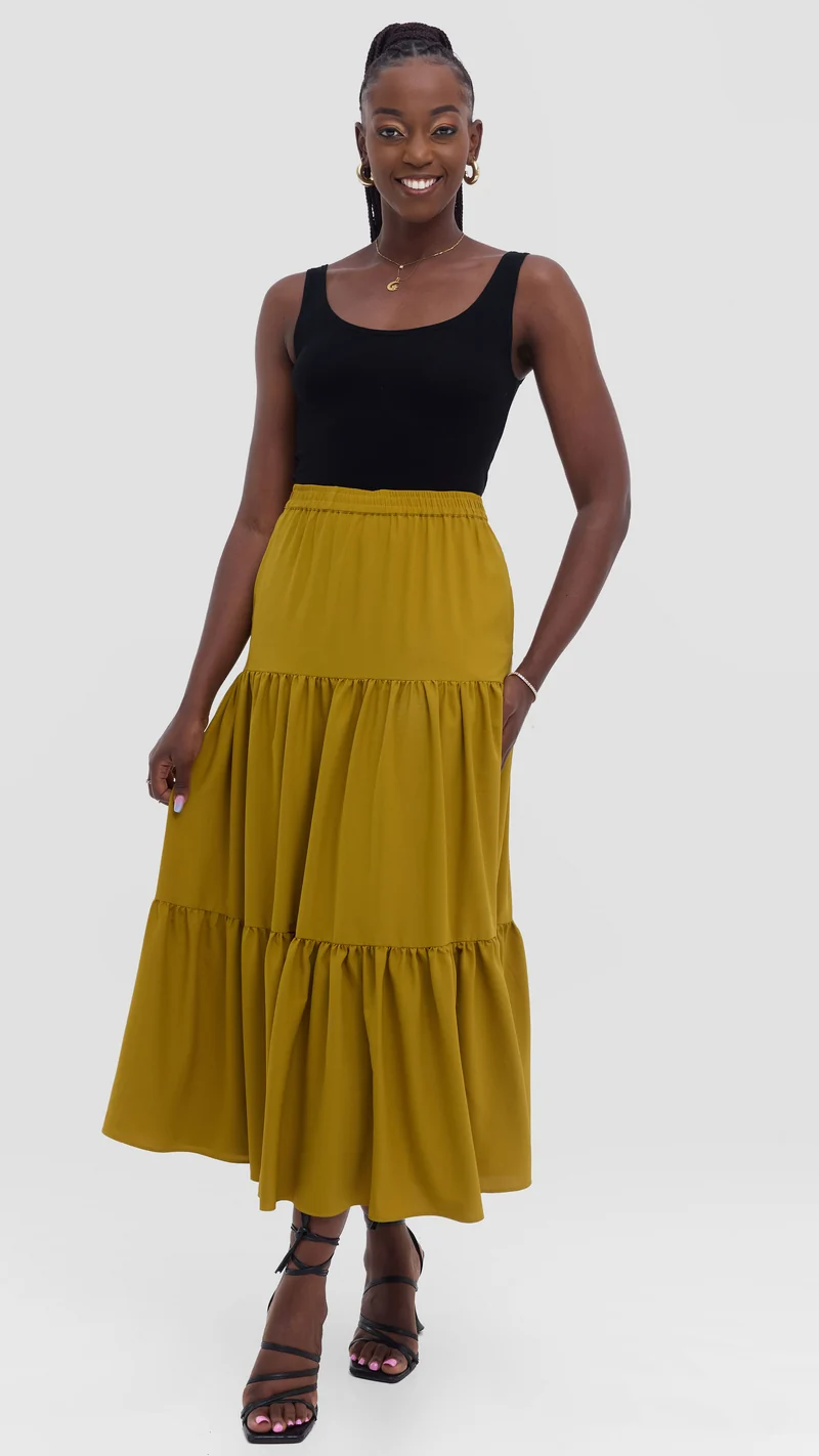 Vivo Liora Tiered Maxi Skirt in Crepe - Light Olive