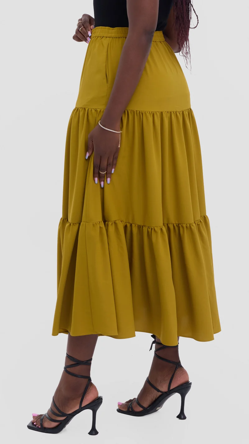 Vivo Liora Tiered Maxi Skirt in Crepe - Light Olive