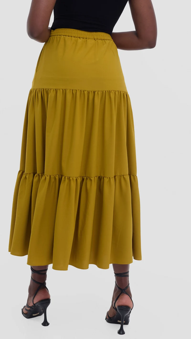 Vivo Liora Tiered Maxi Skirt in Crepe - Light Olive