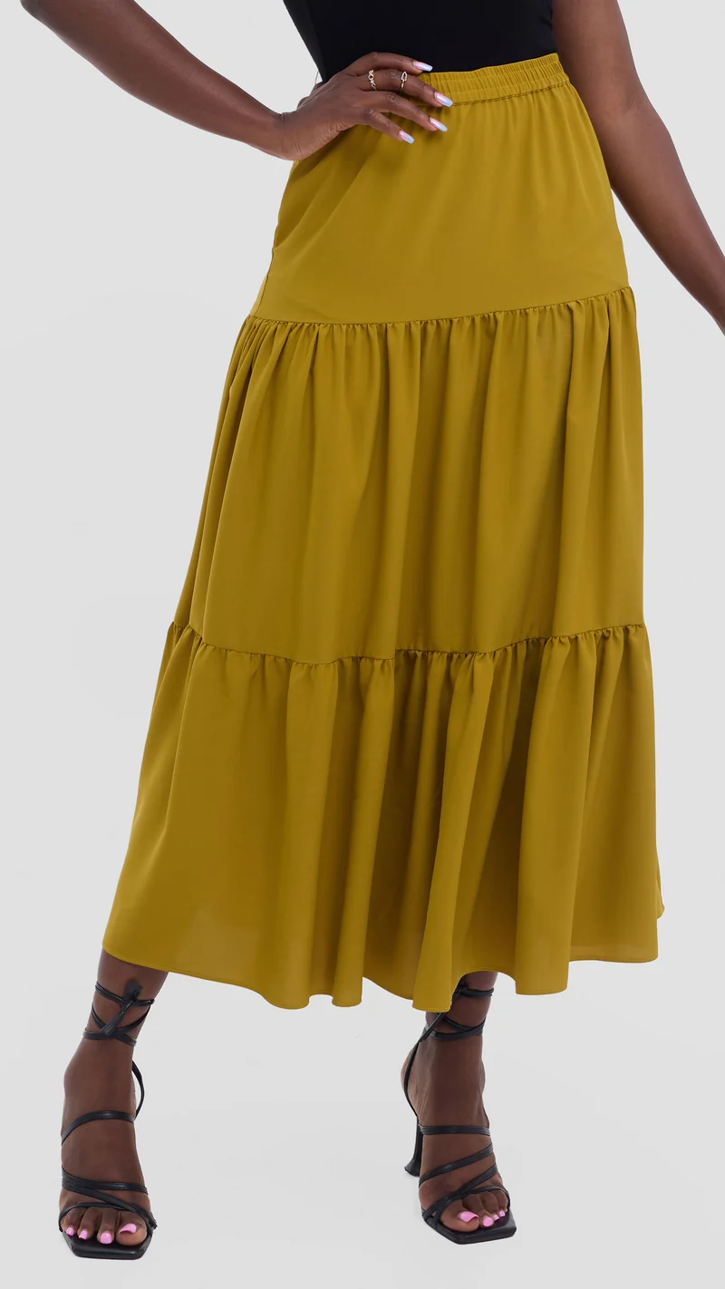 Vivo Liora Tiered Maxi Skirt in Crepe - Light Olive