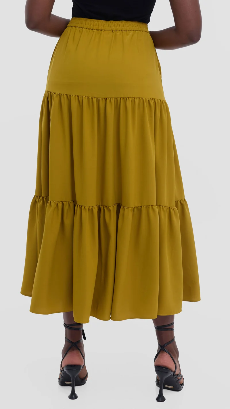 Vivo Liora Tiered Maxi Skirt in Crepe - Light Olive