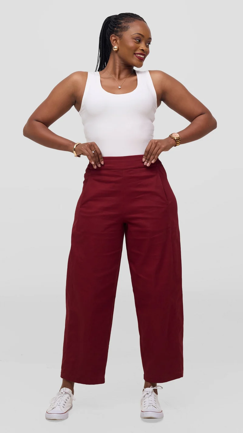 Vivo Lulu Cotton Barrel Pants - Maroon