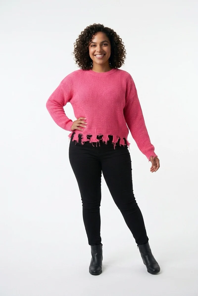 Stylish Sisters Distressed Frayed Hem Pullover Knit Sweater Top - Pink