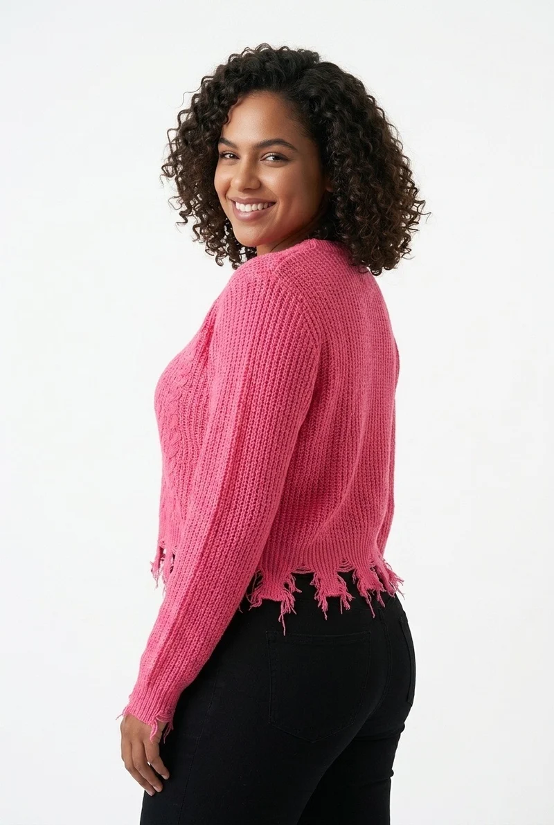 Stylish Sisters Distressed Frayed Hem Pullover Knit Sweater Top - Pink