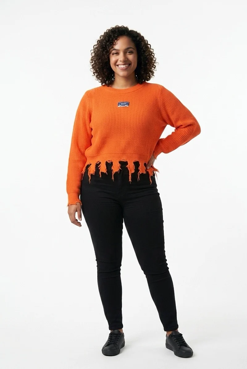 Stylish Sisters Distressed Frayed Hem Pullover Knit Sweater Top - Orange