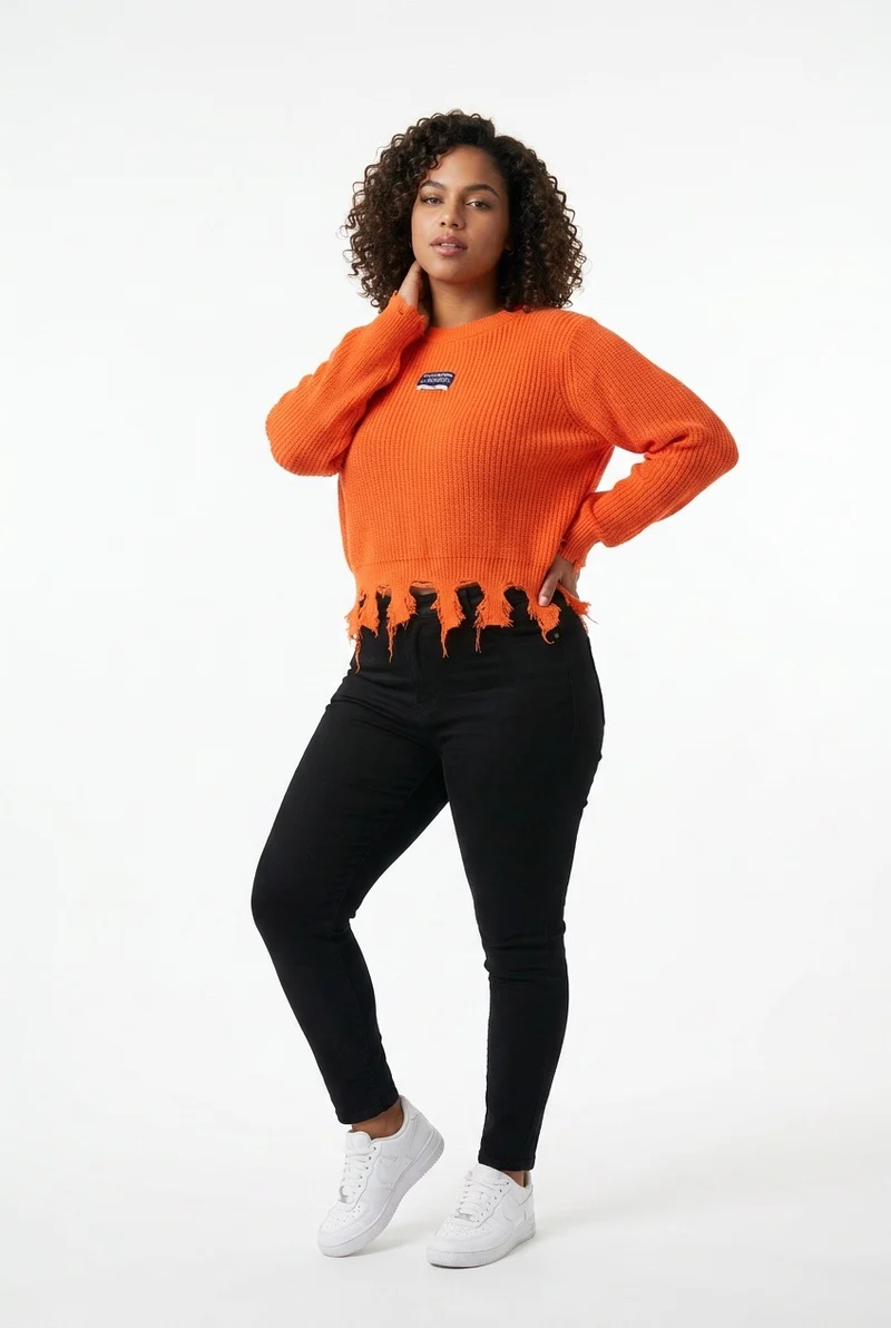 Stylish Sisters Distressed Frayed Hem Pullover Knit Sweater Top - Orange