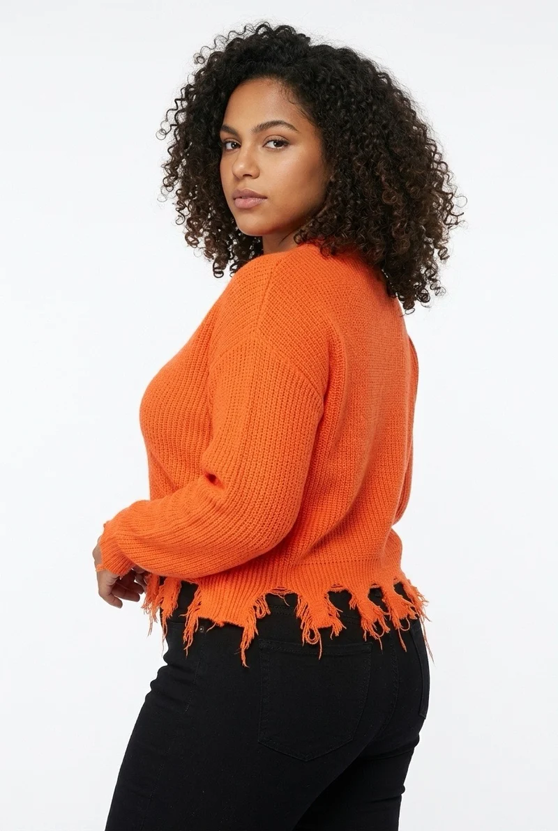Stylish Sisters Distressed Frayed Hem Pullover Knit Sweater Top - Orange