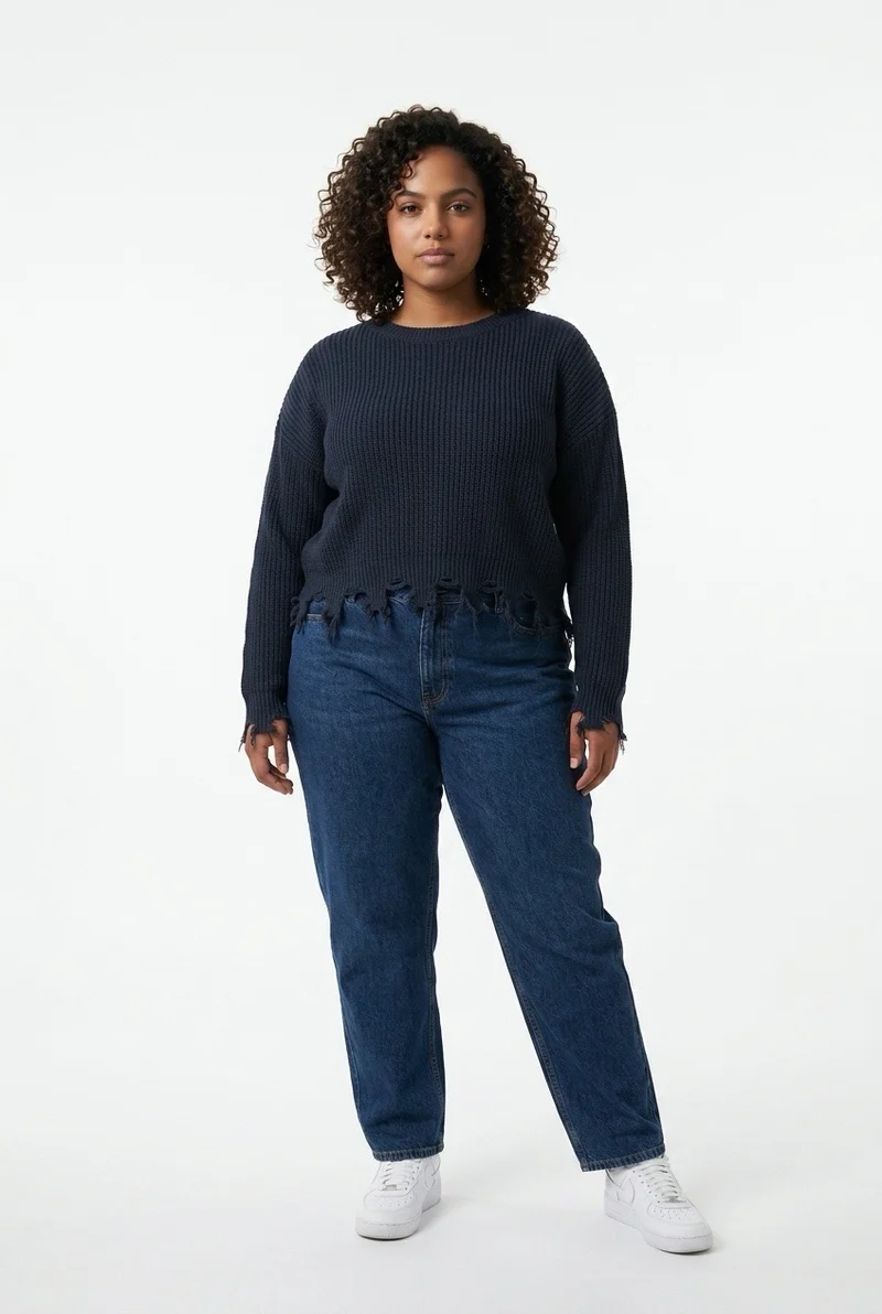 Stylish Sisters Distressed Frayed Hem Pullover Knit Sweater Top - Black