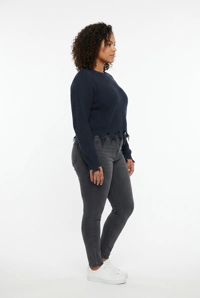 Stylish Sisters Distressed Frayed Hem Pullover Knit Sweater Top - Black