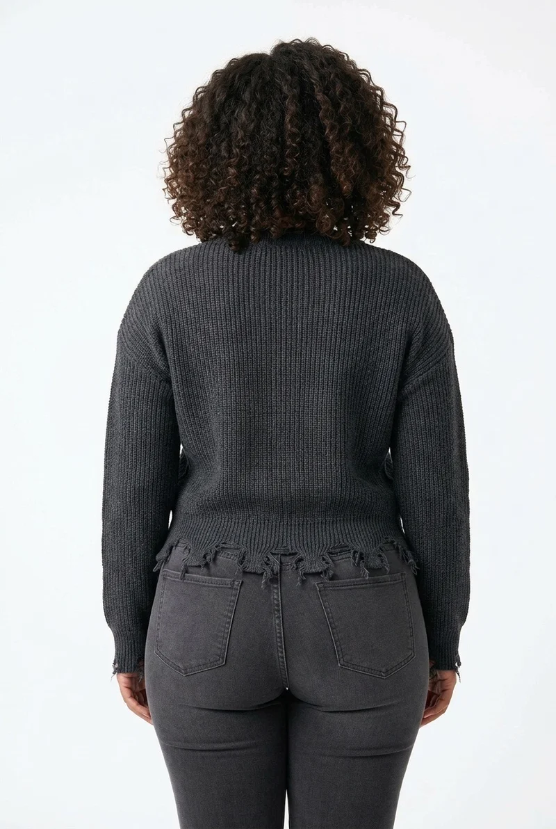 Stylish Sisters Distressed Frayed Hem Pullover Knit Sweater Top - Black