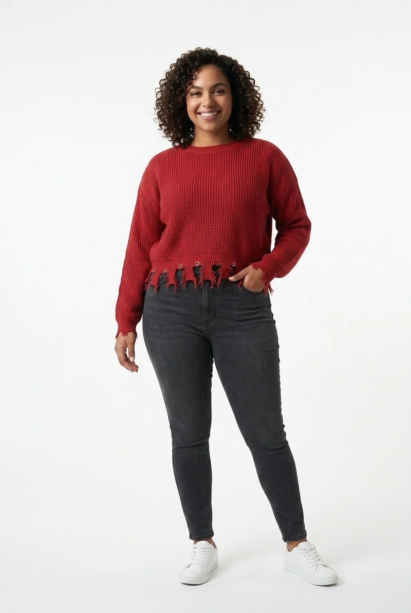 Stylish Sisters Distressed Frayed Hem Pullover Knit Sweater Top - Burgundy