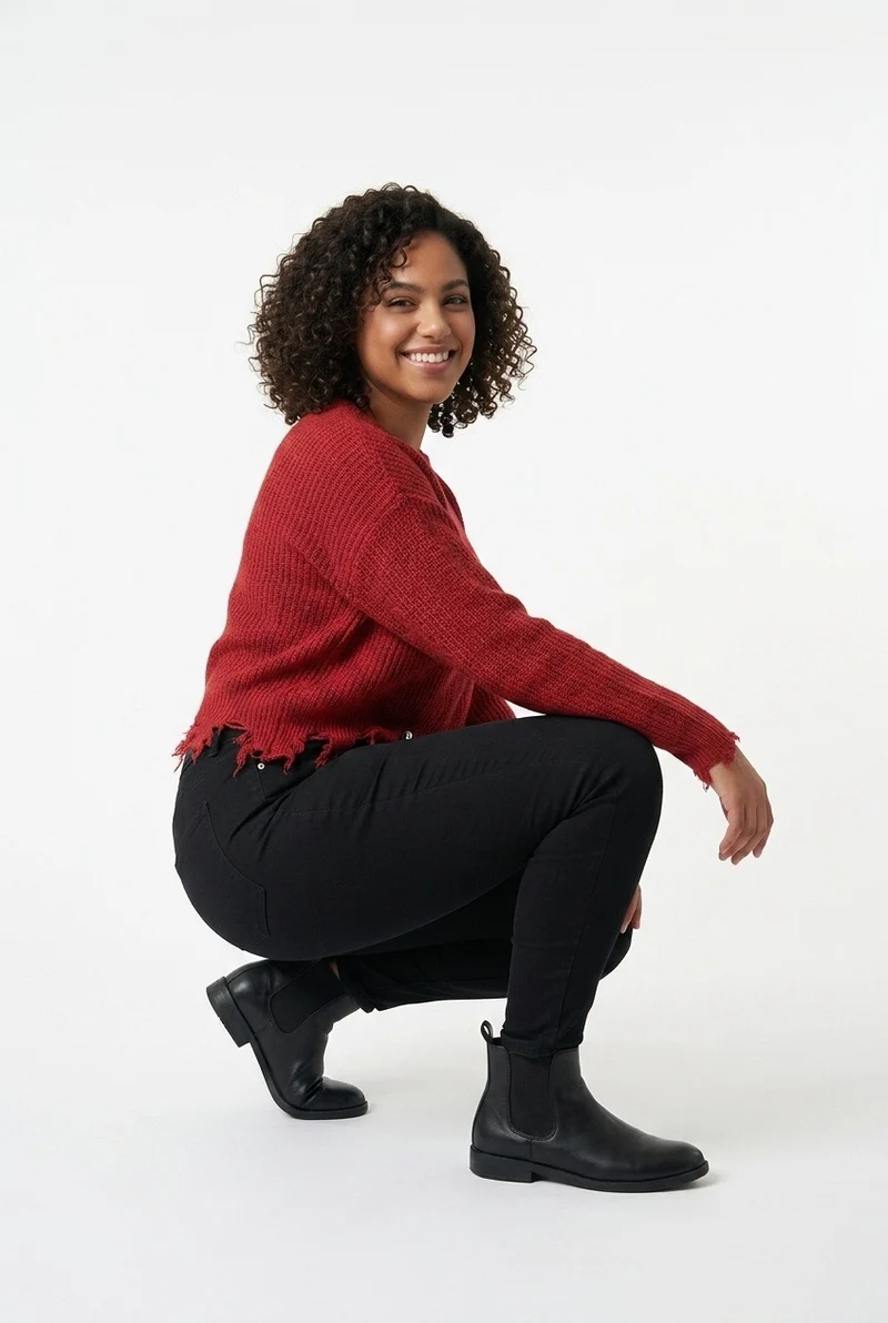Stylish Sisters Distressed Frayed Hem Pullover Knit Sweater Top - Burgundy