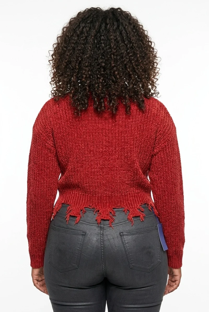 Stylish Sisters Distressed Frayed Hem Pullover Knit Sweater Top - Burgundy