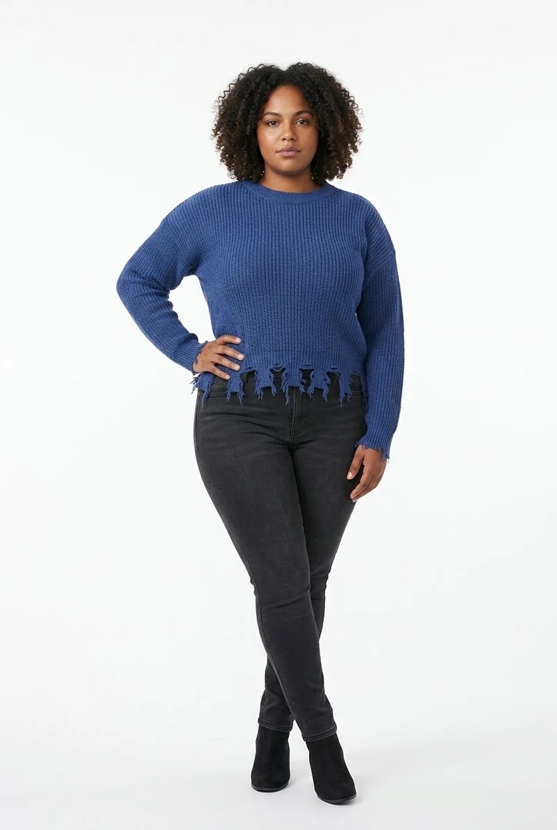 Stylish Sisters Distressed Frayed Hem Pullover Knit Sweater Top - Navy Blue