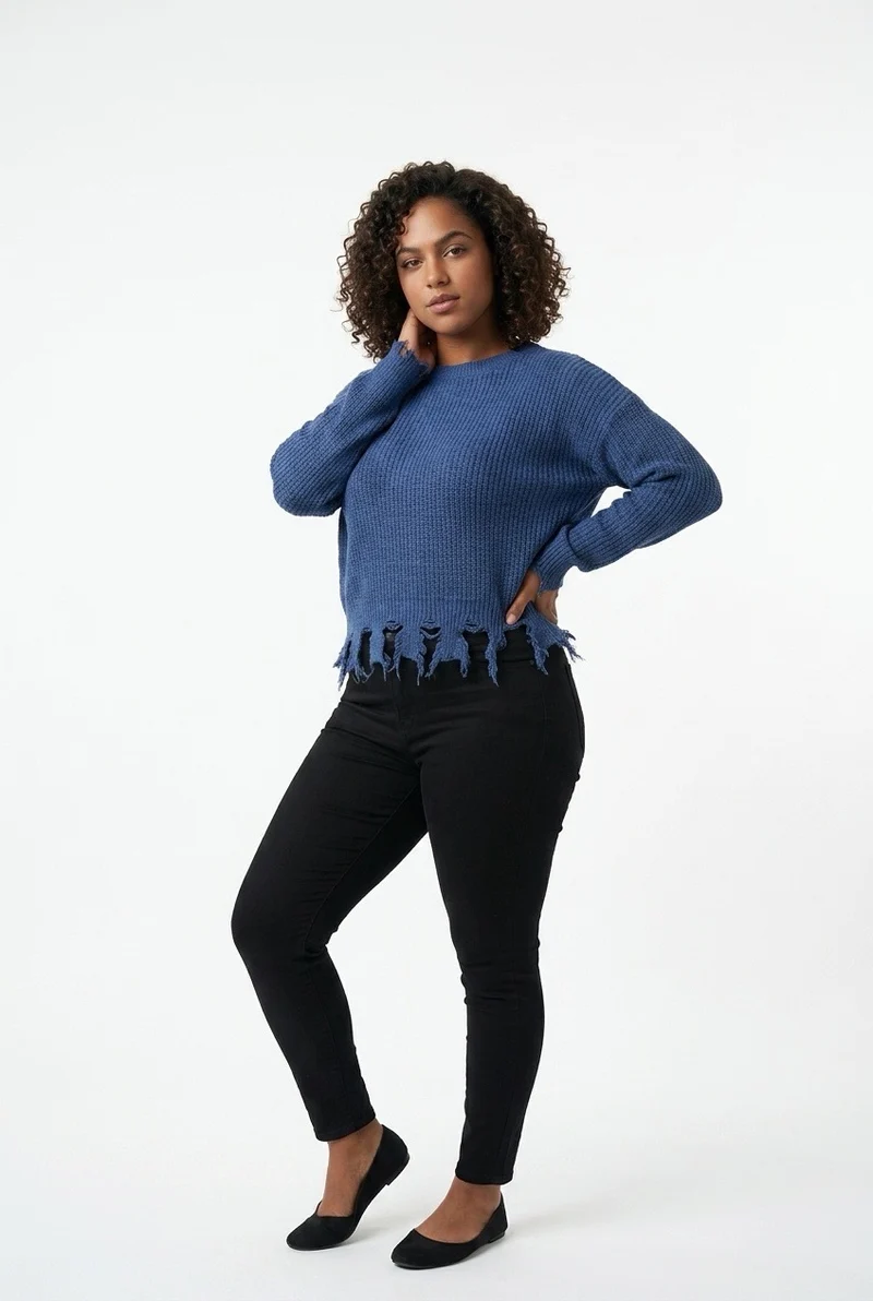Stylish Sisters Distressed Frayed Hem Pullover Knit Sweater Top - Navy Blue