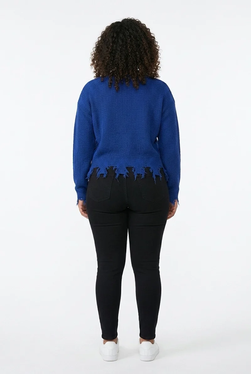 Stylish Sisters Distressed Frayed Hem Pullover Knit Sweater Top - Navy Blue