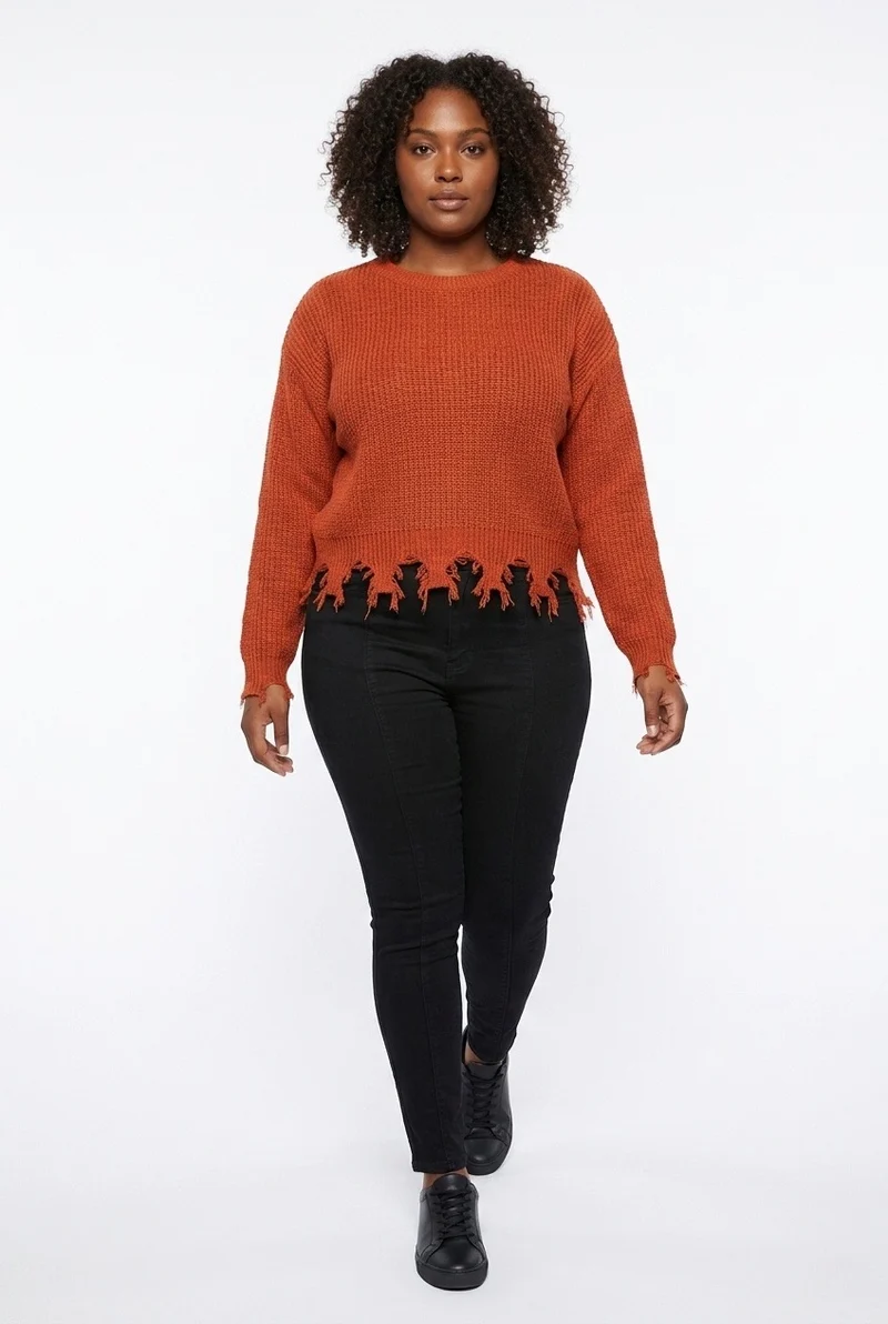 Stylish Sisters Distressed Frayed Hem Pullover Knit Sweater Top - Burnt Orange