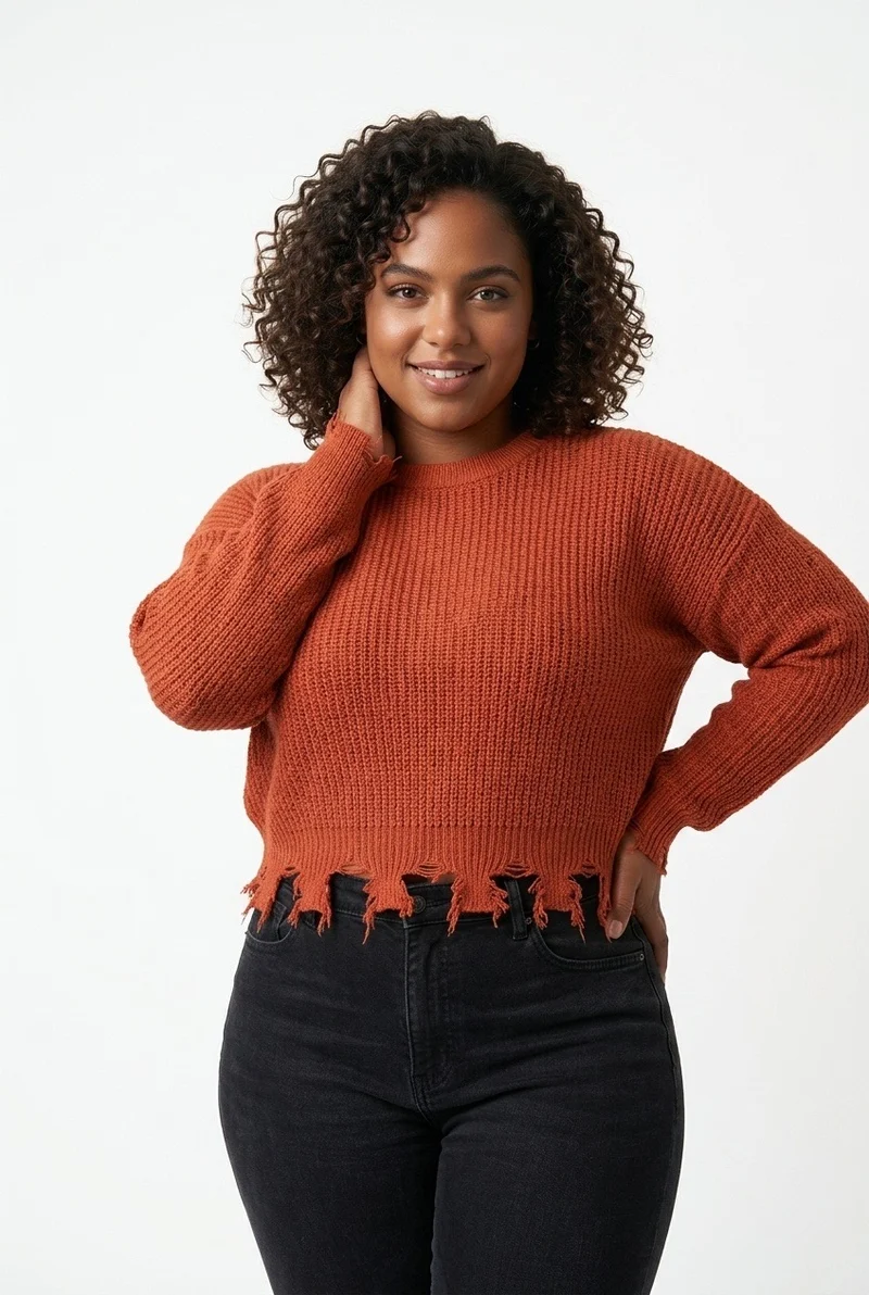 Stylish Sisters Distressed Frayed Hem Pullover Knit Sweater Top - Burnt Orange