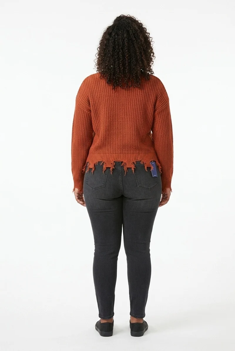 Stylish Sisters Distressed Frayed Hem Pullover Knit Sweater Top - Burnt Orange