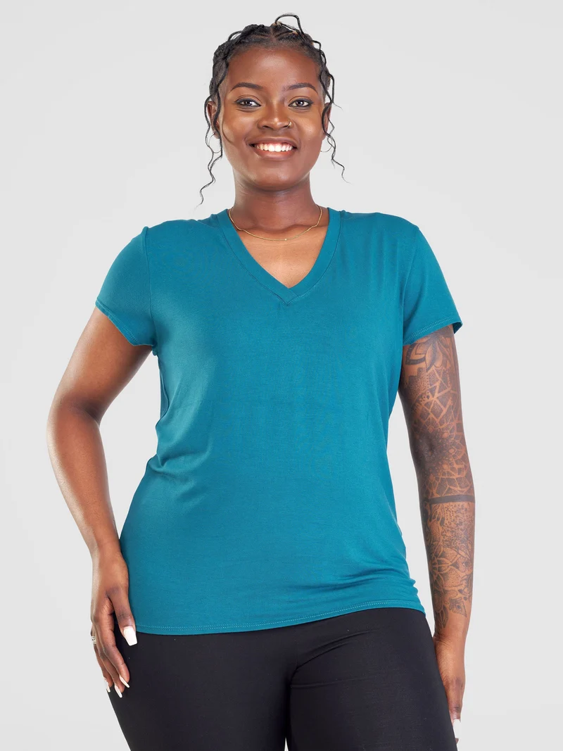 Vivo Basic V-neck Cap Sleeve Top - Teal