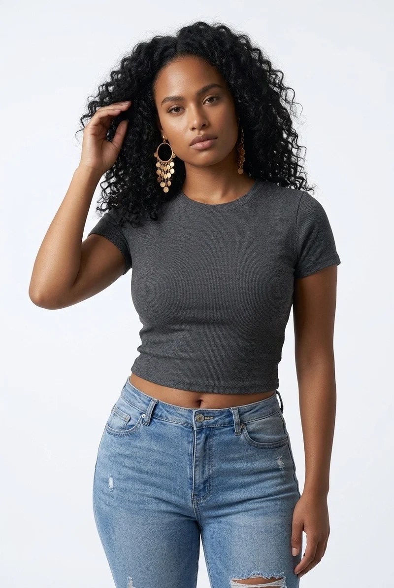 Stylish Sisters Classic Crewneck Short Sleeve Crop Top - Dark Grey