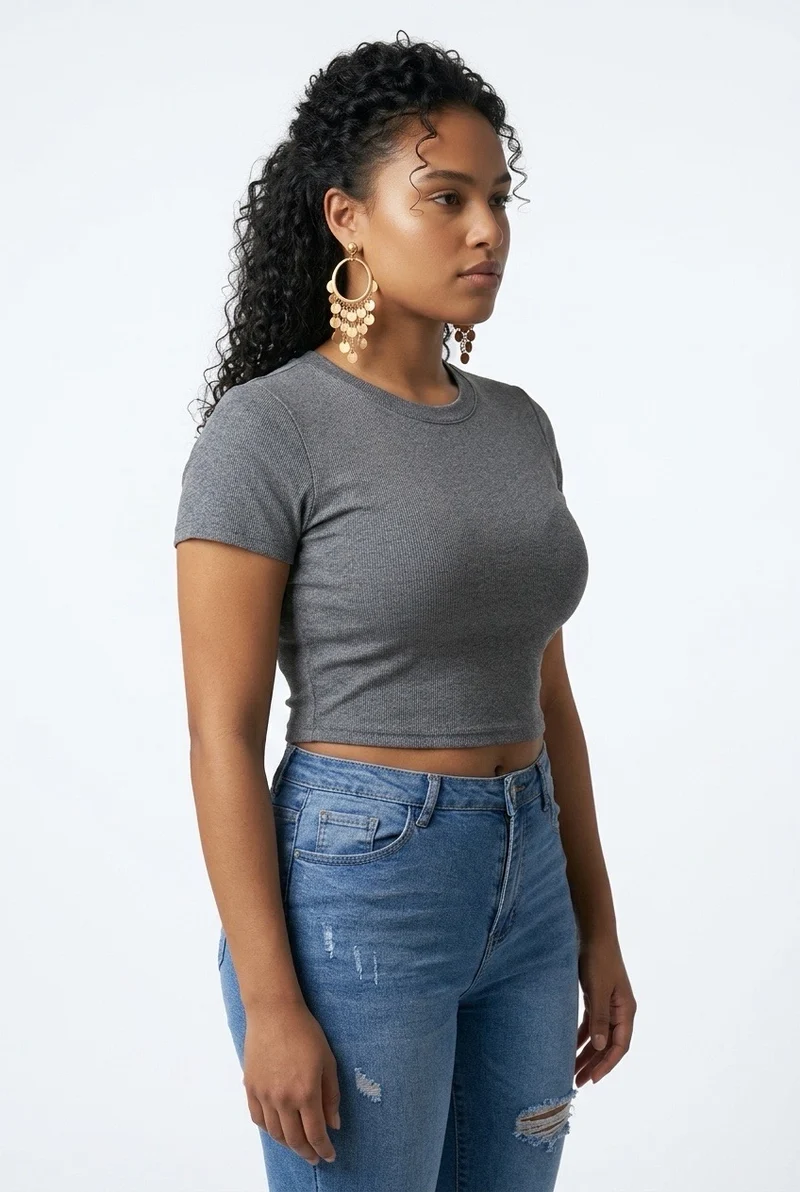 Stylish Sisters Classic Crewneck Short Sleeve Crop Top - Dark Grey