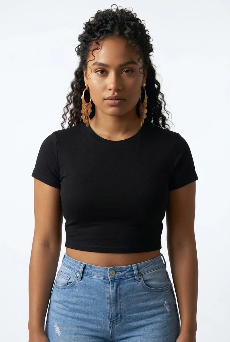 Stylish Sisters Classic Crewneck Short Sleeve Crop Top - Black