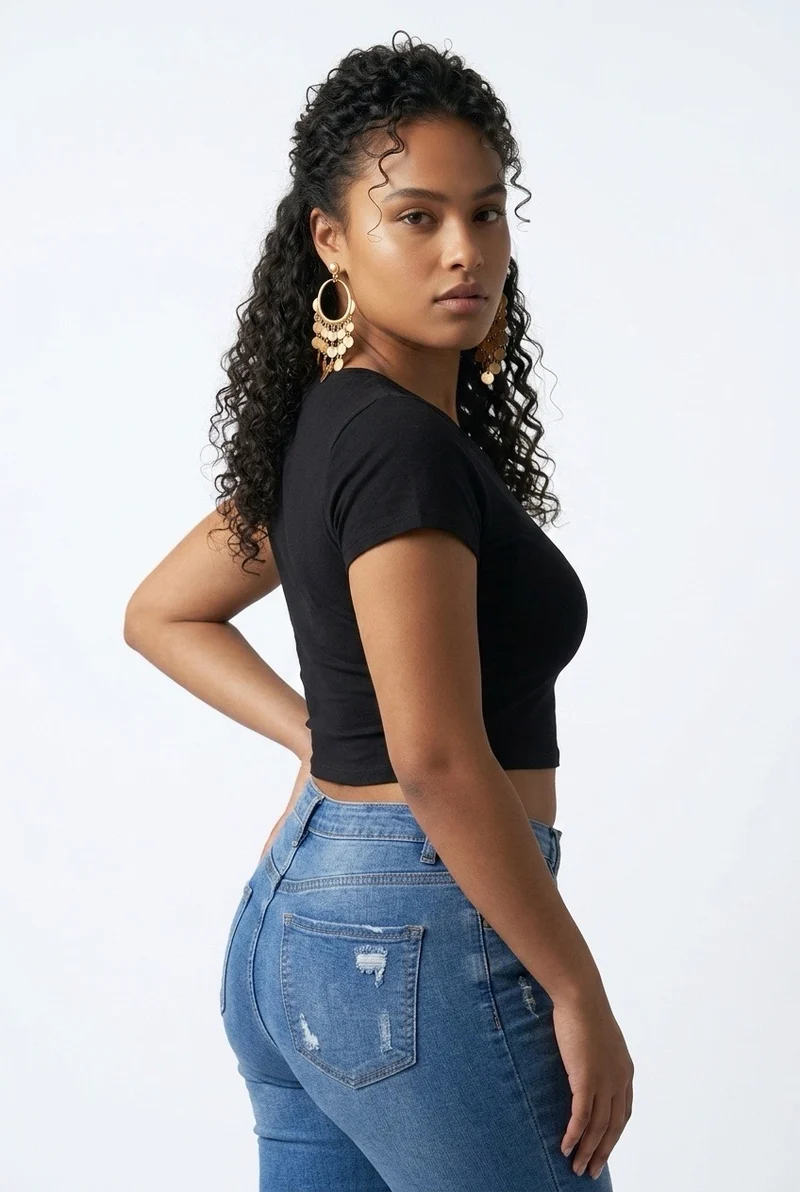 Stylish Sisters Classic Crewneck Short Sleeve Crop Top - Black
