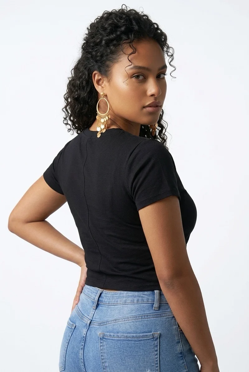 Stylish Sisters Classic Crewneck Short Sleeve Crop Top - Black