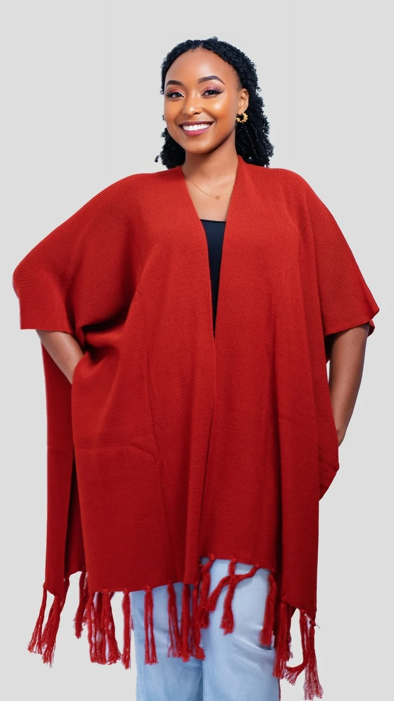 The Fashion Frenzy Fringed Acrylic Shawl - Burnt Orange