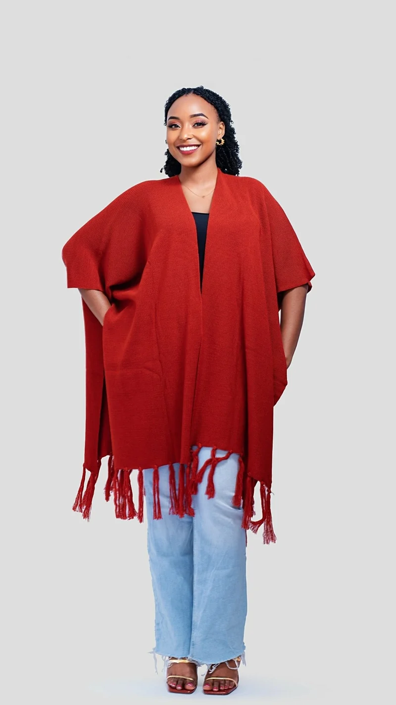 The Fashion Frenzy Fringed Acrylic Shawl - Burnt Orange