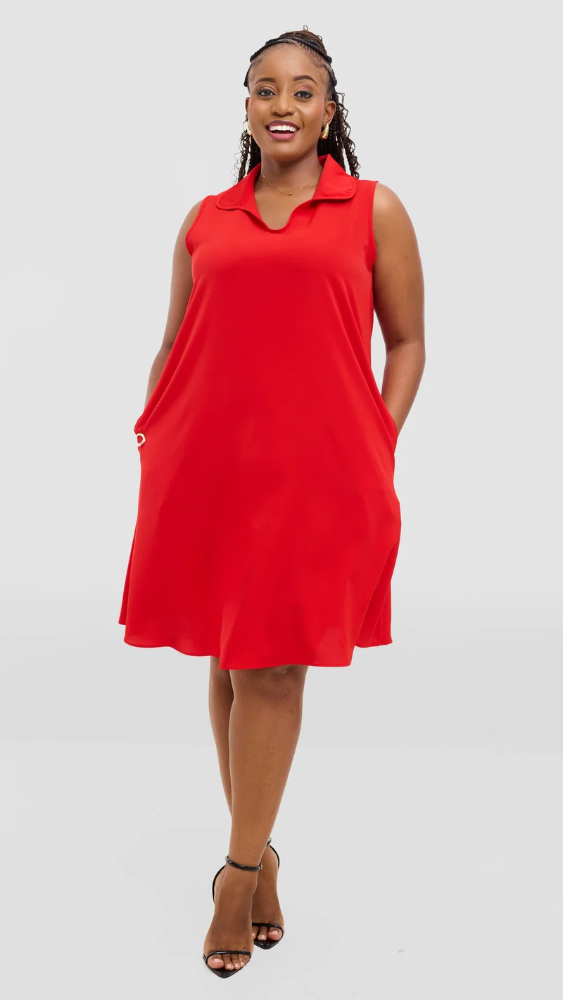 Vivo Asha Sleeveless Knee Length Dress In Crepe - Red