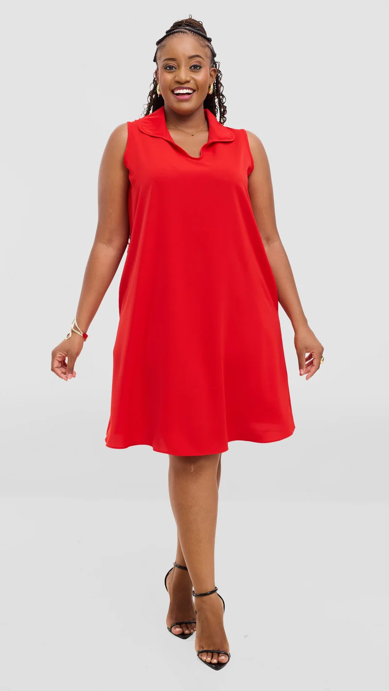 Vivo Asha Sleeveless Knee Length Dress In Crepe - Red