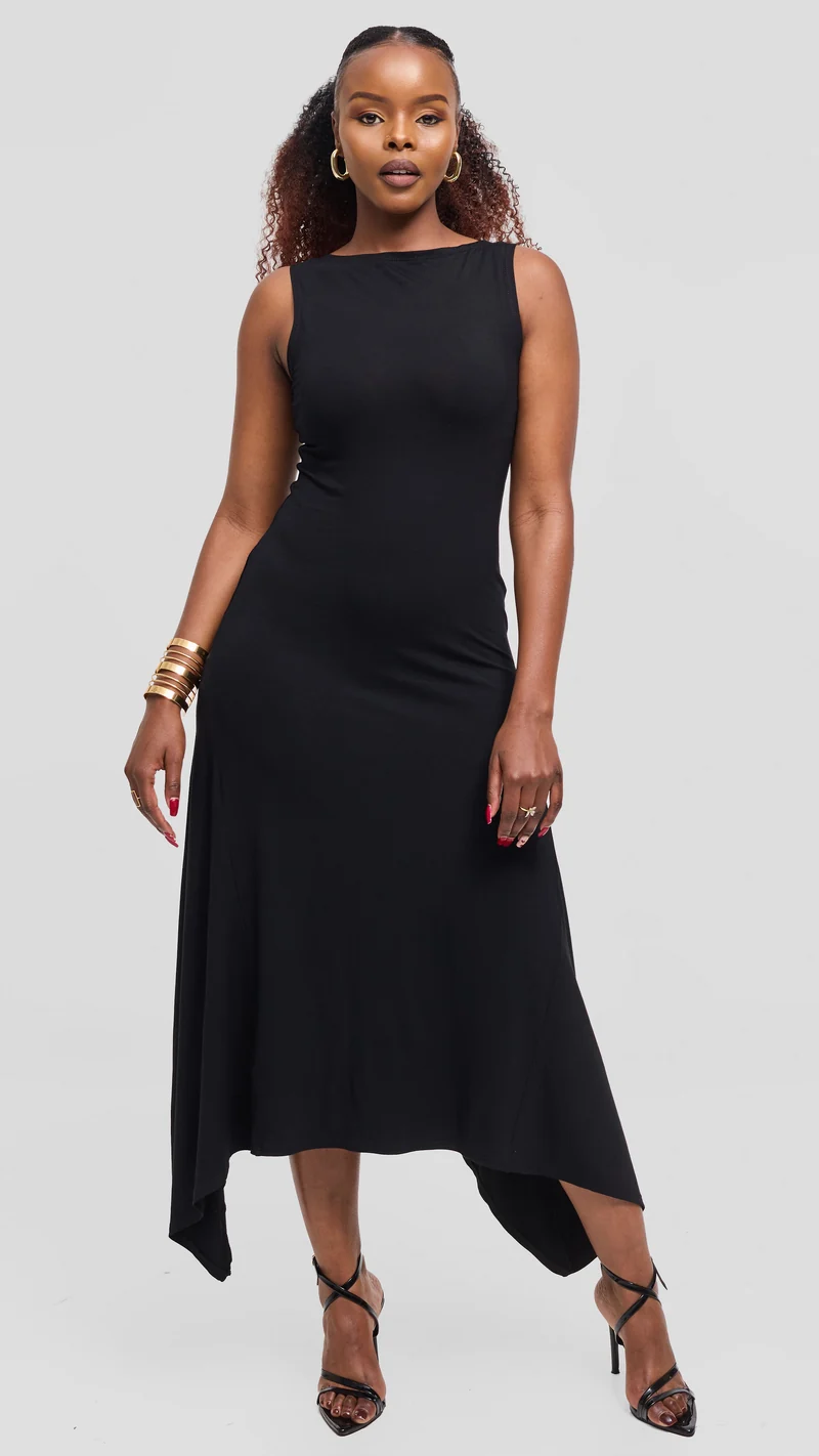 Vivo Sleeveless Godet Midi Dress in Jersey - Black