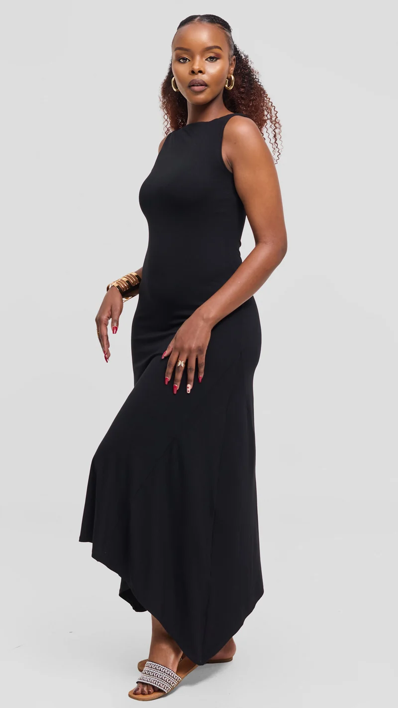 Vivo Sleeveless Godet Midi Dress in Jersey - Black