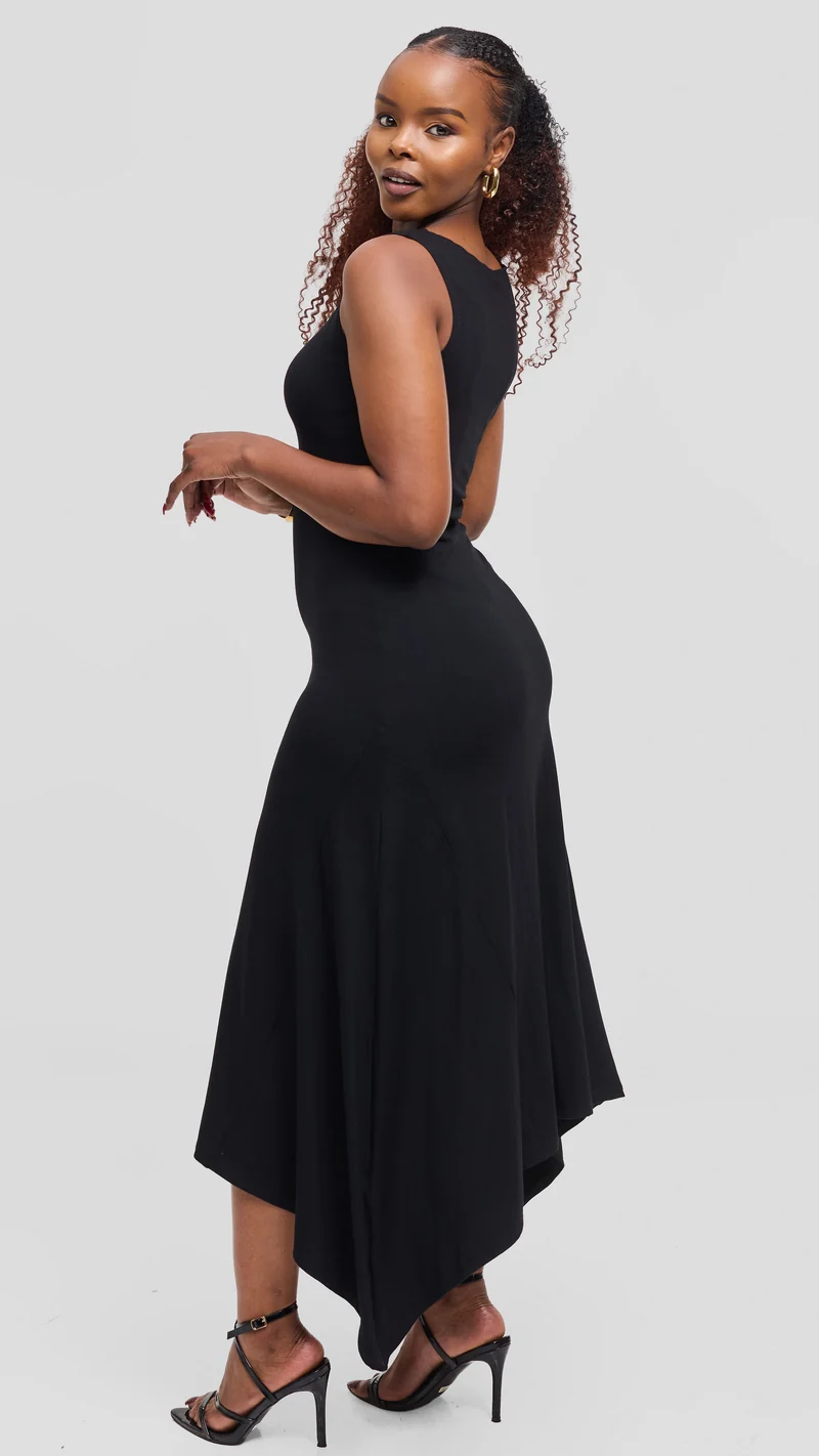 Vivo Sleeveless Godet Midi Dress in Jersey - Black