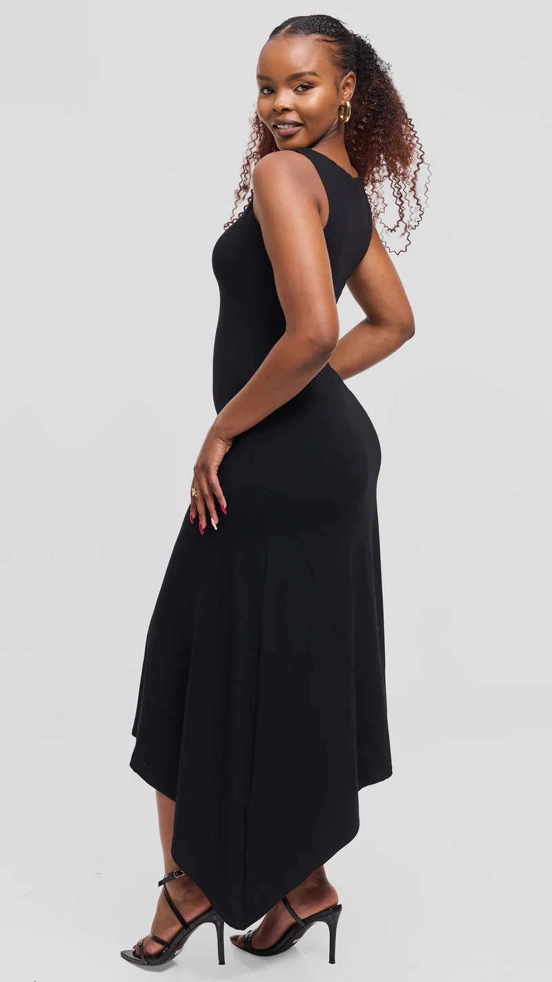 Vivo Sleeveless Godet Midi Dress in Jersey - Black