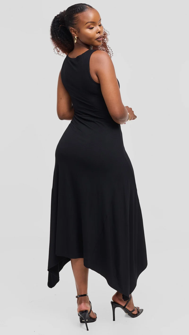 Vivo Sleeveless Godet Midi Dress in Jersey - Black
