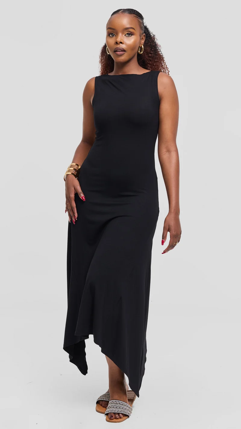Vivo Sleeveless Godet Midi Dress in Jersey - Black