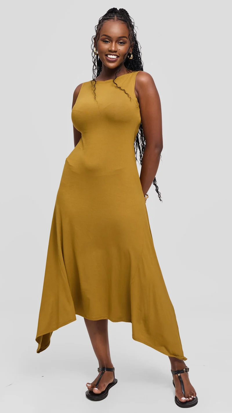 Vivo Sleeveless Godet Midi Dress in Jersey - Dark Olive