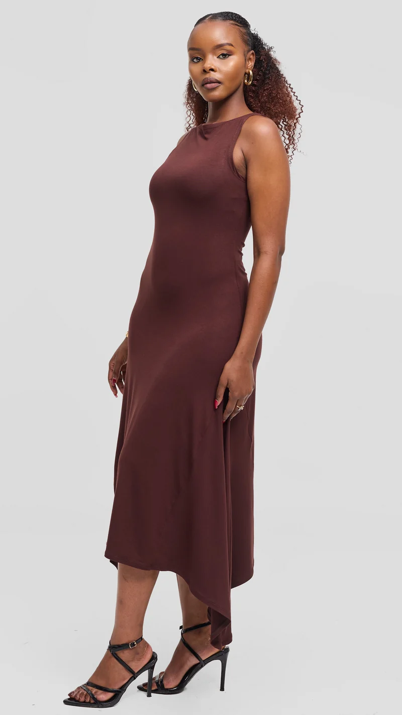 Vivo Sleeveless Godet Midi Dress in Jersey - Chocolate