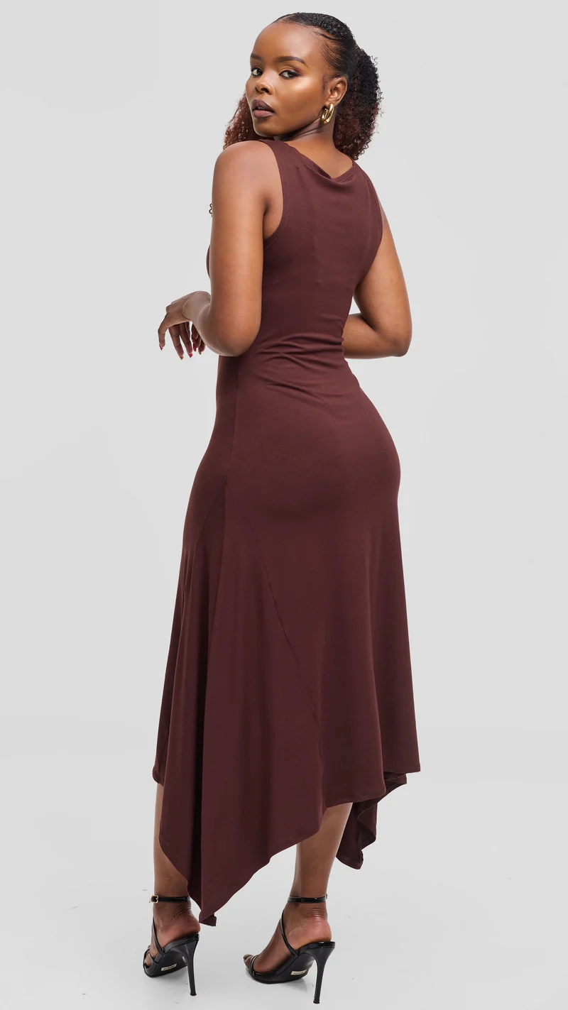 Vivo Sleeveless Godet Midi Dress in Jersey - Chocolate