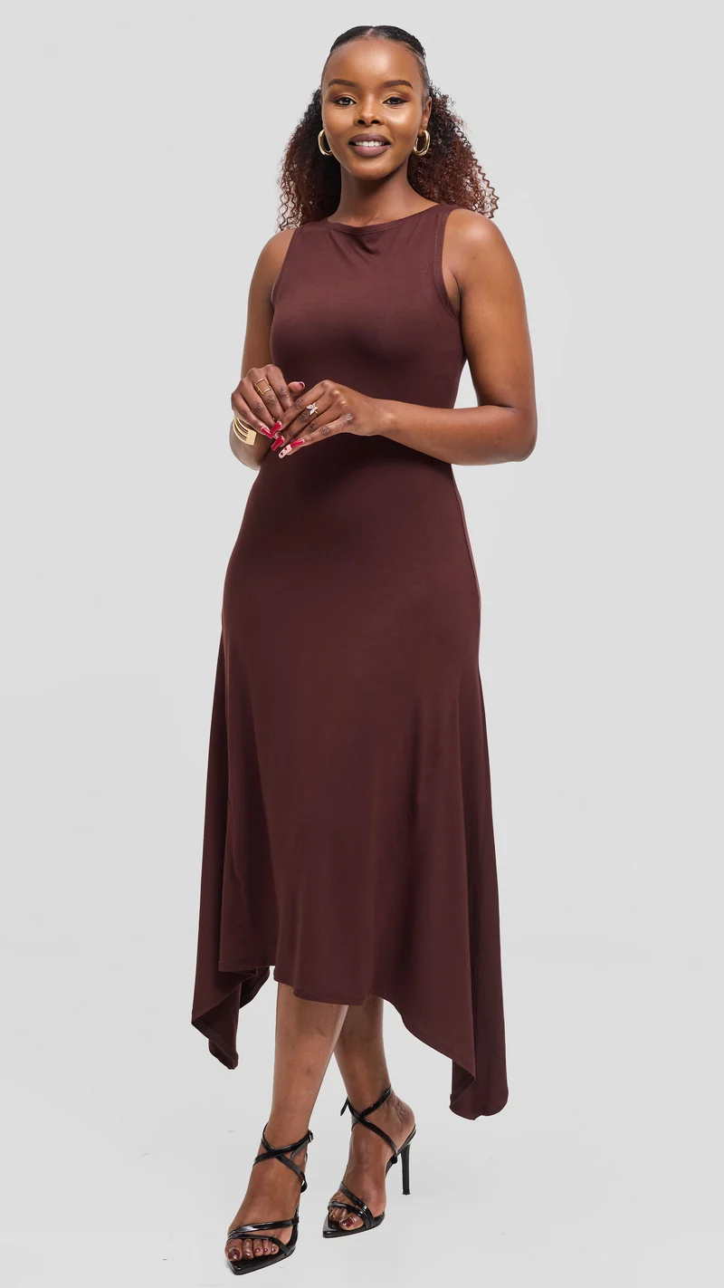 Vivo Sleeveless Godet Midi Dress in Jersey - Chocolate