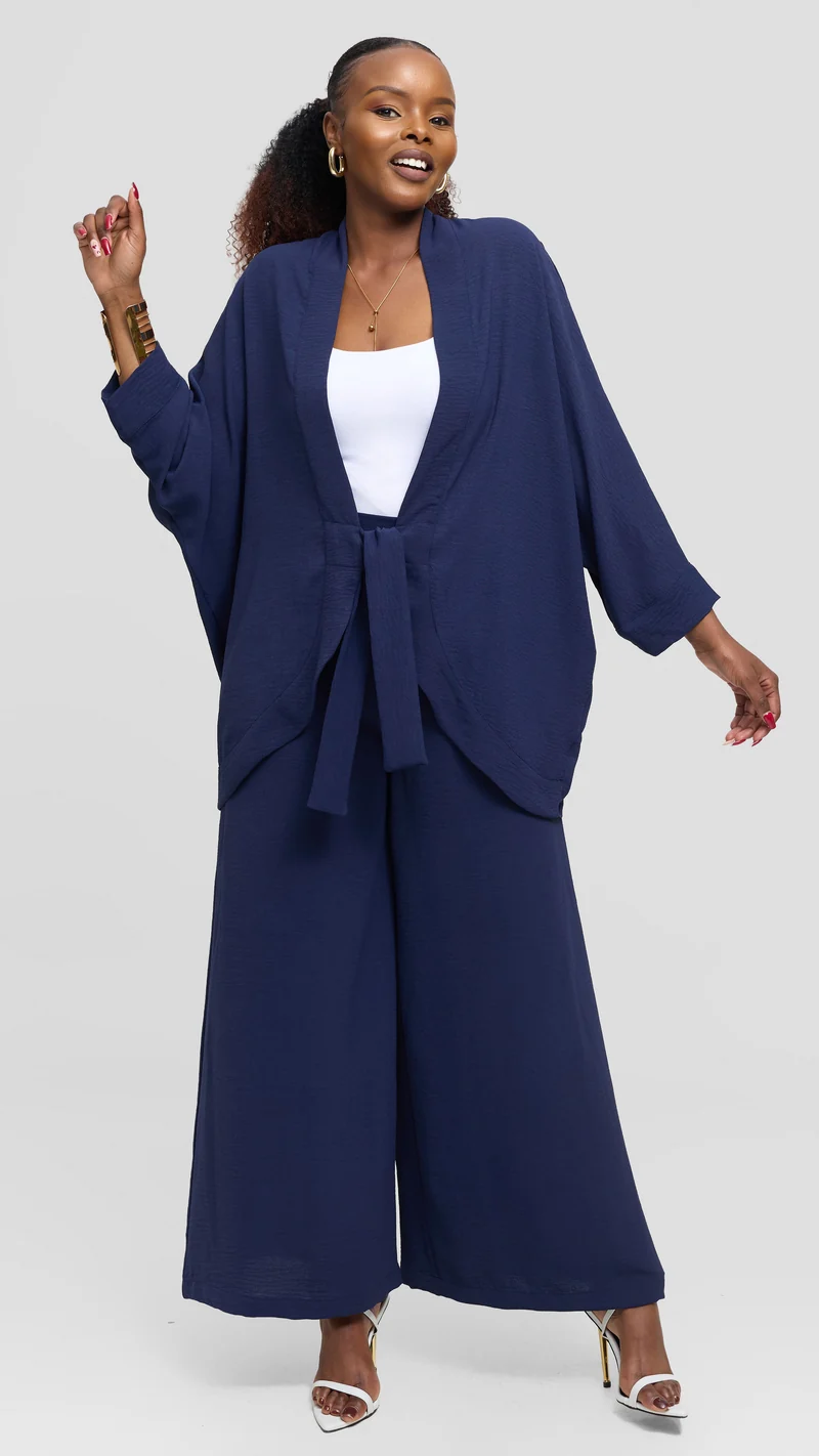 Vivo Tie Dolman Kimono in Textured Crepe - Navy