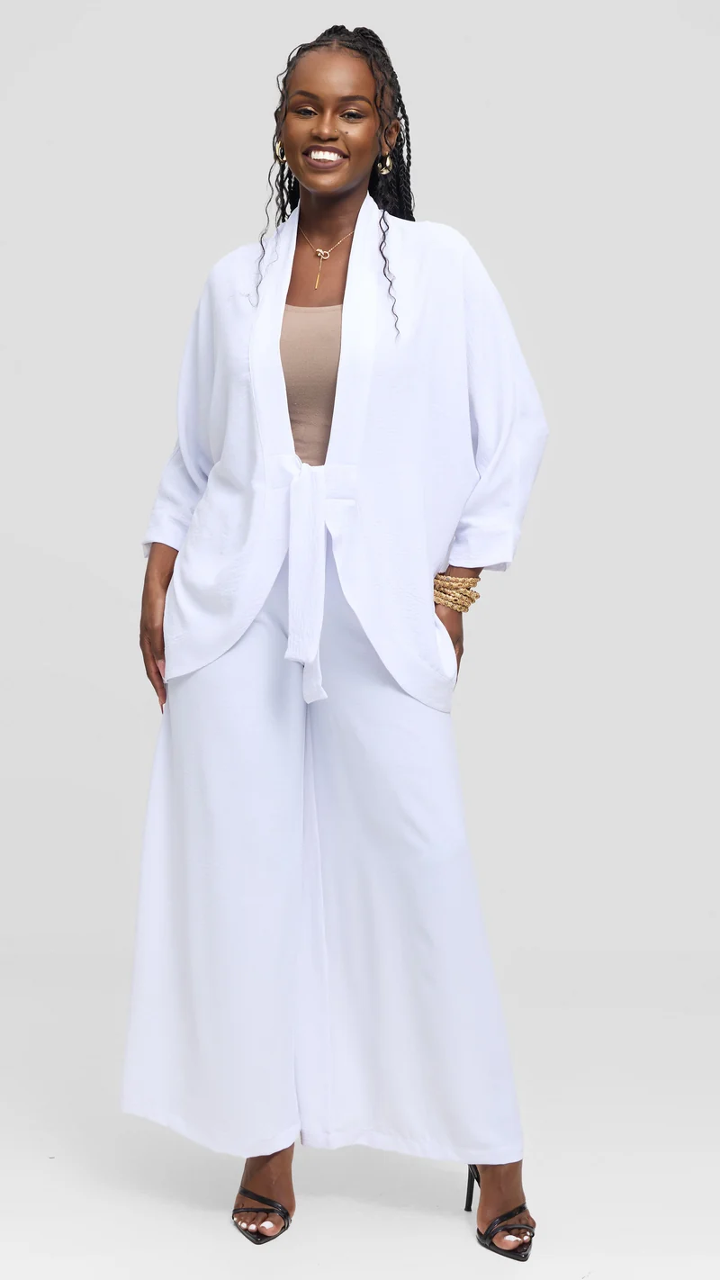 Vivo Tie Dolman Kimono in Textured Crepe - White