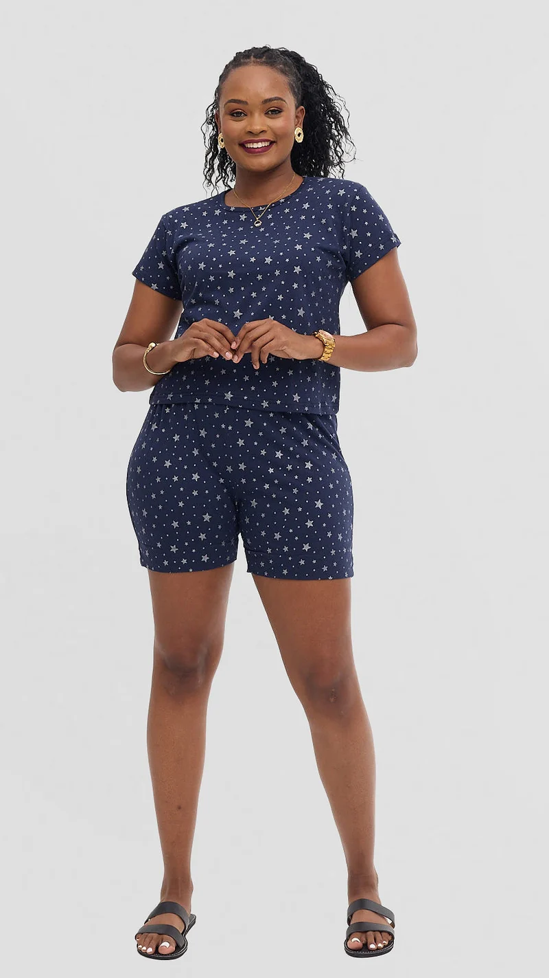 Inroses Star Luxe Lounge Wear Two Piece Short Set - Navy Blue